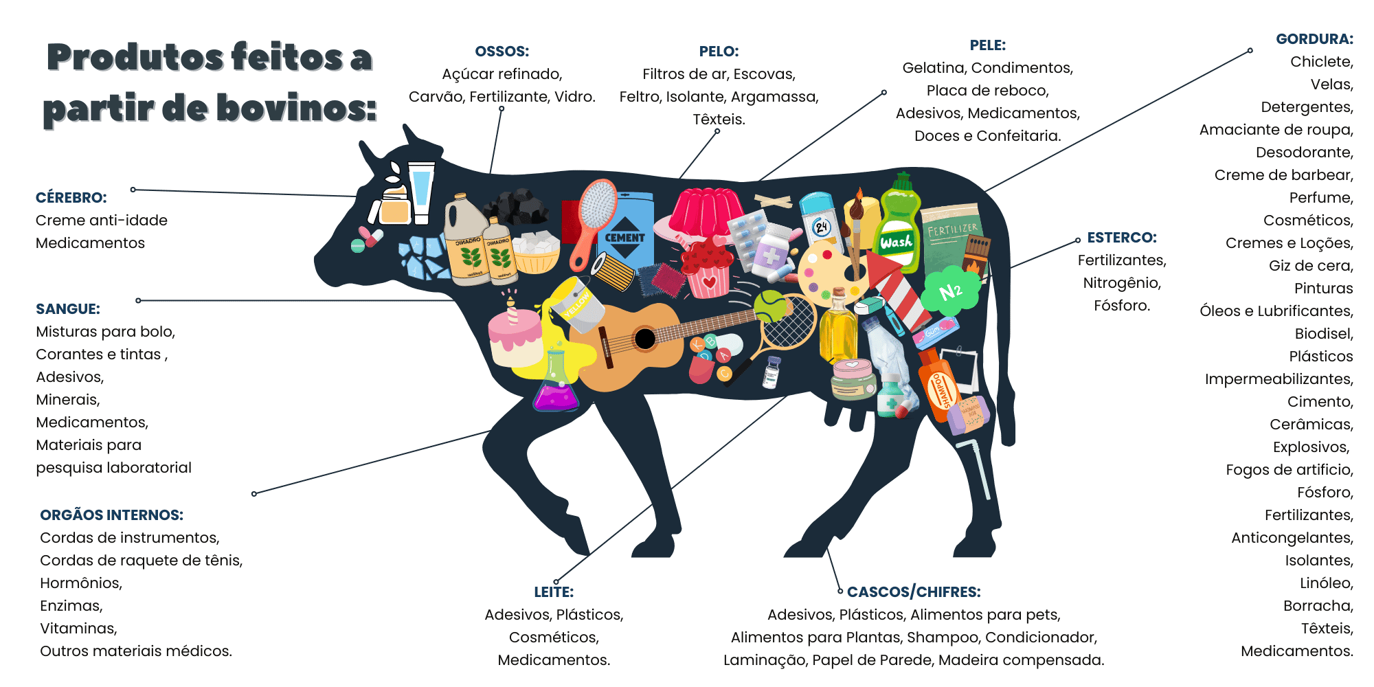 produtos feitos a partir de bovinos